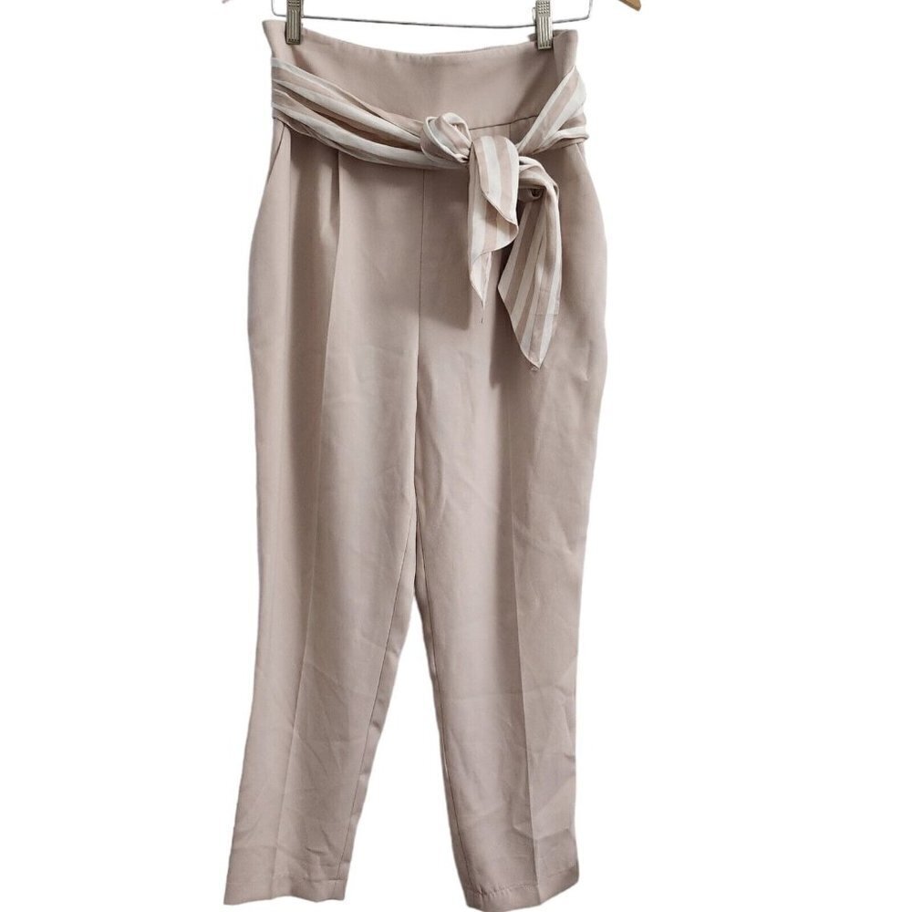 Elisabetta Franchi Trouser Pants XL Cream Straight Leg Belted Scarf High Rise 46